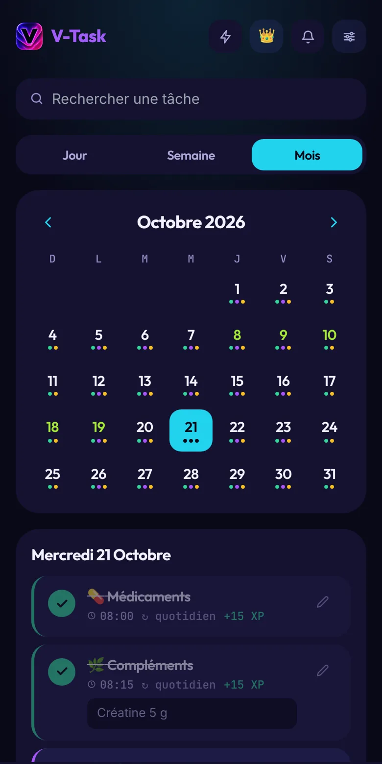 L’agenda de V-Task avec la semaine et les échéances