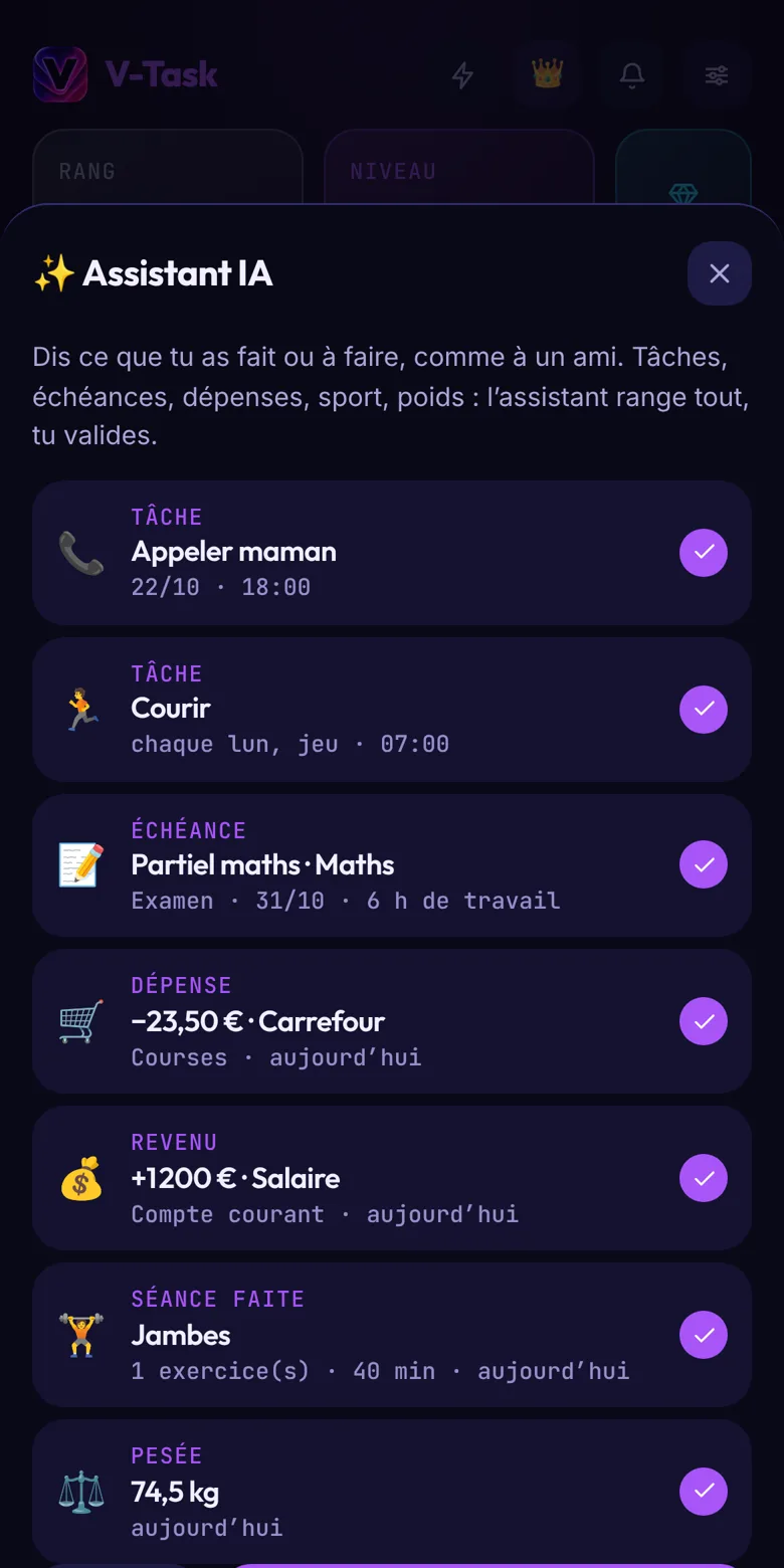 L’assistant IA de V-Task range une phrase en tâches, dépense, échéance et séance