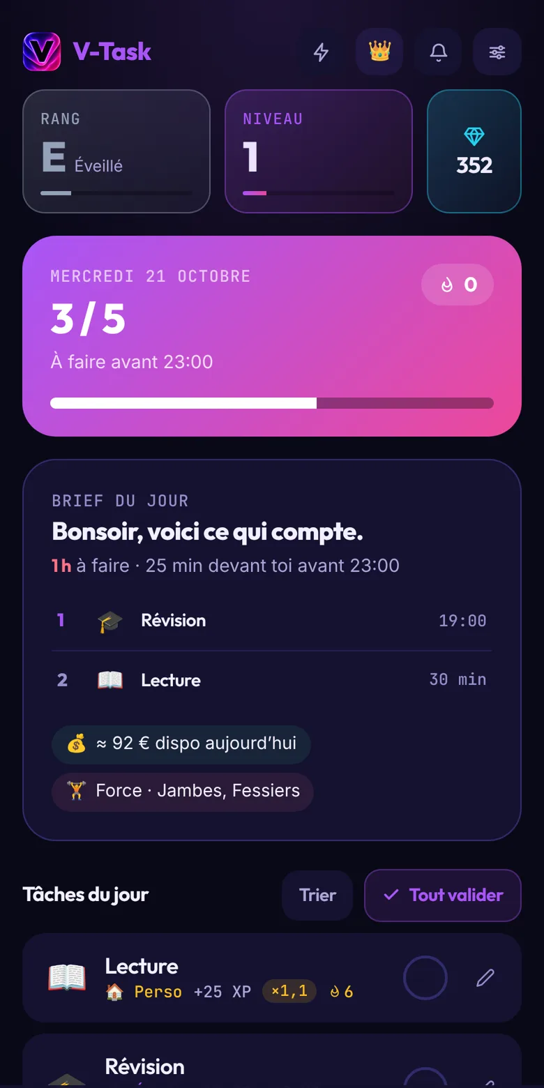 L’écran Jour de V-Task avec le brief, le rang et les tâches du jour